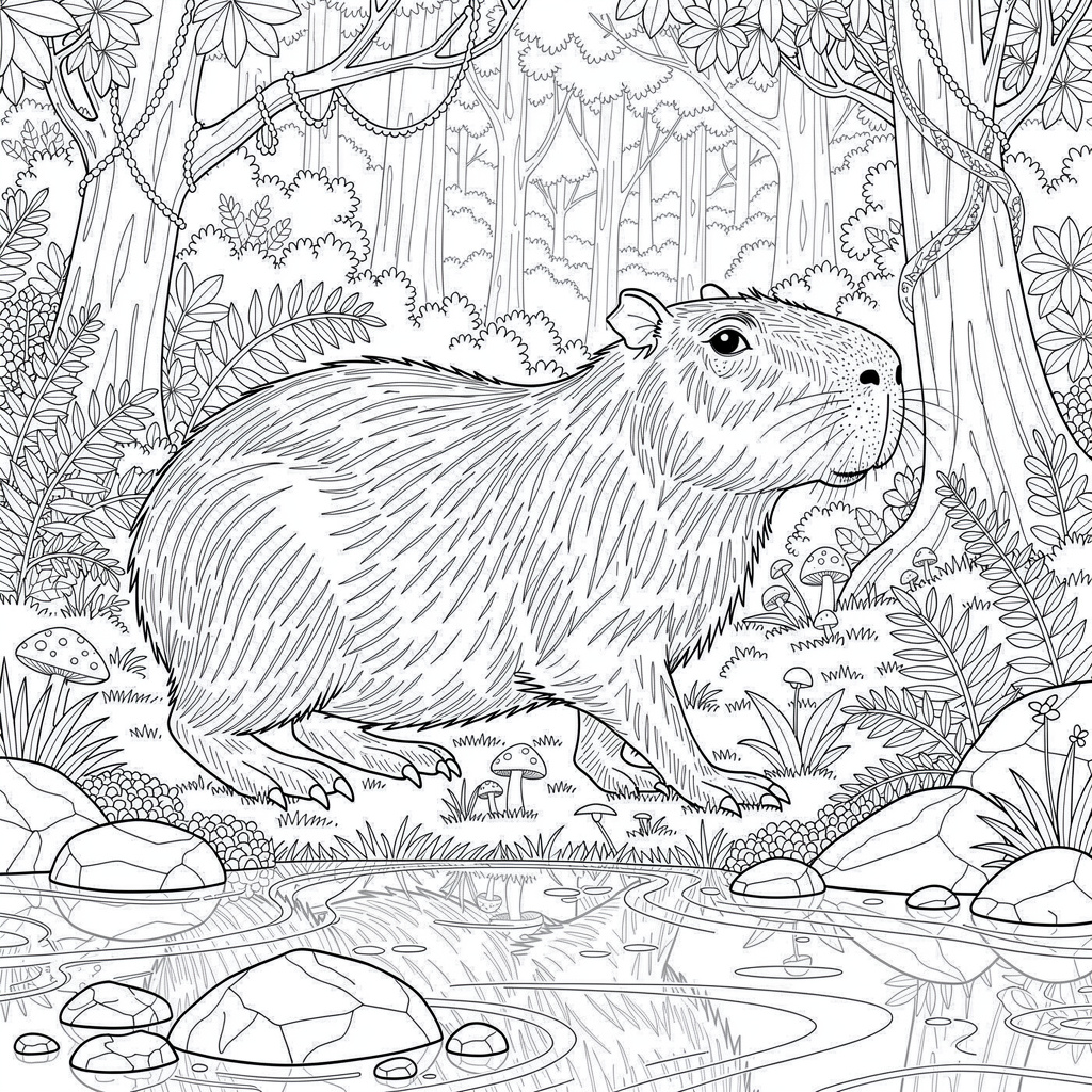 Capybara színező felnőtteknek erdei tájjal részletes