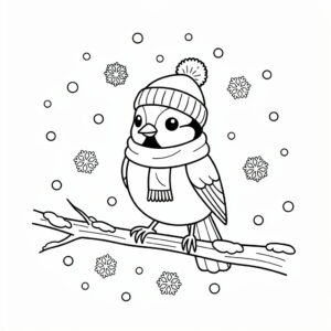 Cinege sapkában és sálban hóesésben téli kifestő