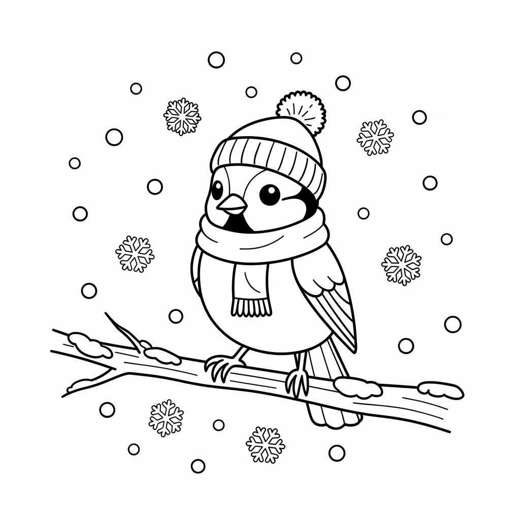 Cinege sapkában és sálban hóesésben téli kifestő