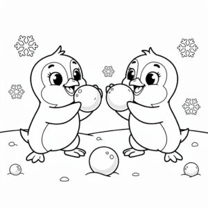 Hógolyózó pingvinek vicces téli színező