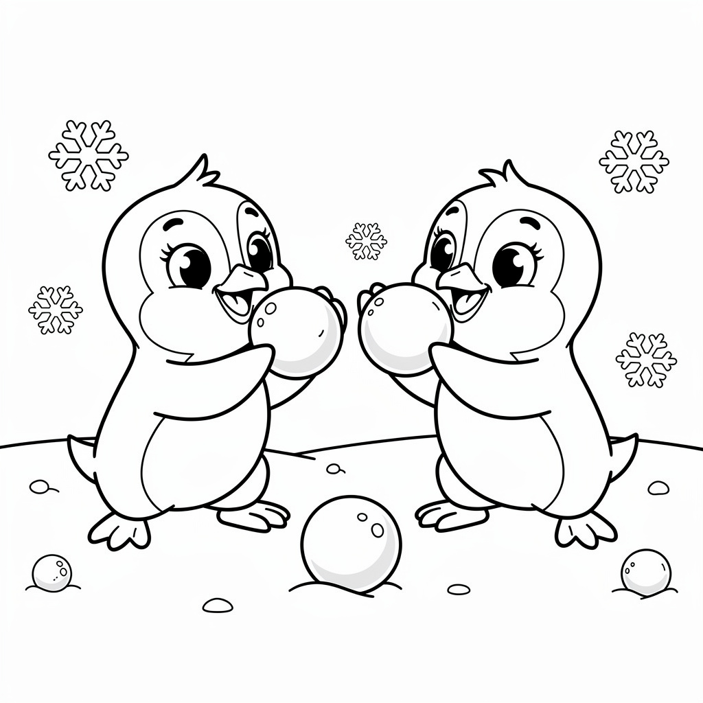 Hógolyózó pingvinek vicces téli színező