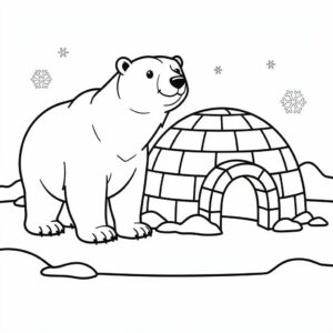 Jegesmedve áll az iglu mellett téli kifestő gyerekeknek