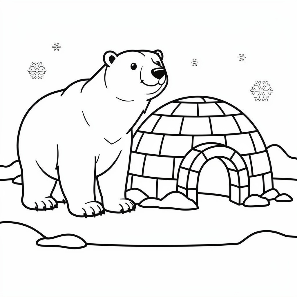 Jegesmedve áll az iglu mellett téli kifestő gyerekeknek