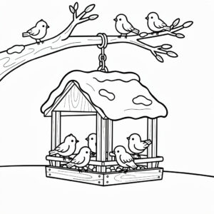 Madarak a madáretetőben téli színező nyomtatható