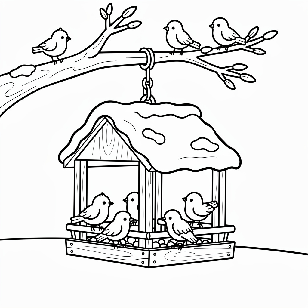 Madarak a madáretetőben téli színező nyomtatható