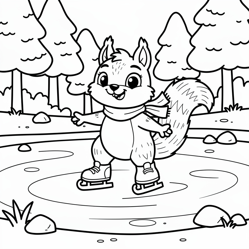 Téli mókus korcsolyázik a tavon színező