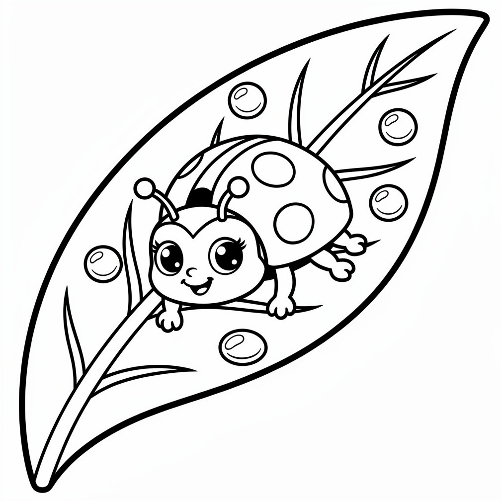 Nyomtatható tavaszi kifestő - vidám katicabogár leveleken