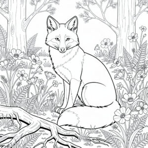 Róka az erdei tisztáson nyomtatható tavaszi kifestőlap felnőtteknek