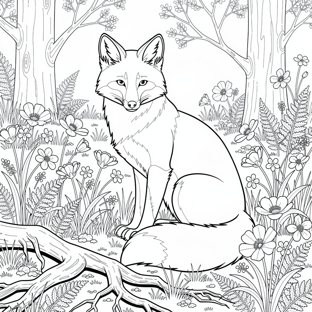 Róka az erdei tisztáson nyomtatható tavaszi kifestőlap felnőtteknek