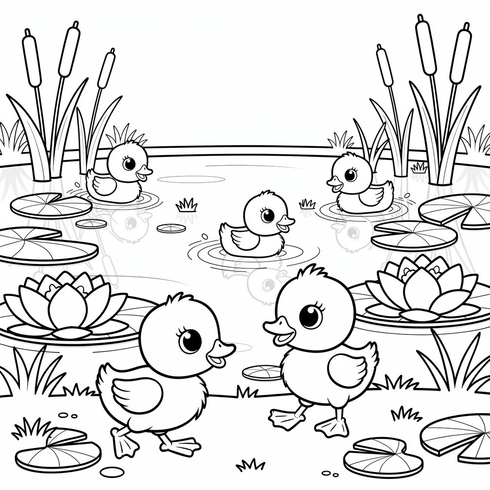Tavaszi színező gyerekeknek - kiskacsák a tóparton