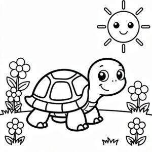 Teknős a tavaszi napsütésben – nyomtatható kifestőlap ovisoknak