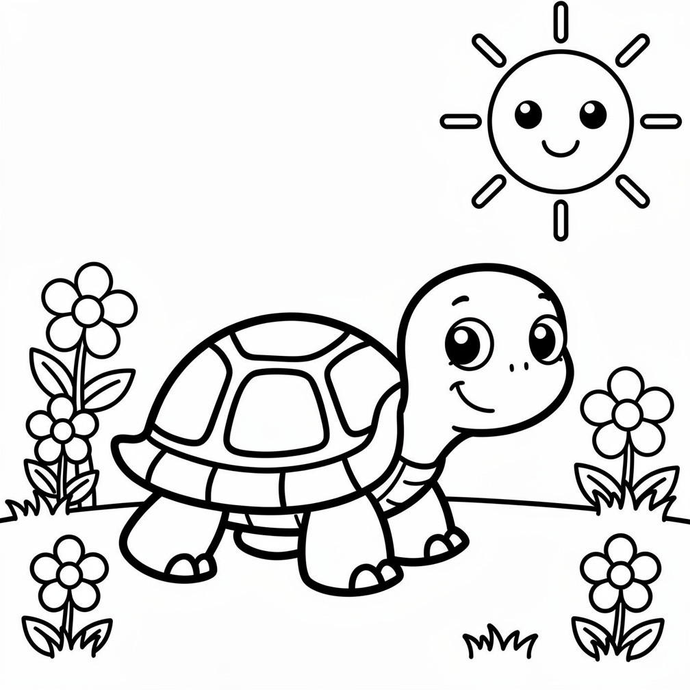 Teknős a tavaszi napsütésben - nyomtatható kifestőlap ovisoknak