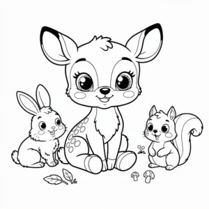Aranyos Bambi stílusú őzike rajz erdei barátokkal az őzikés kategória mesés hangulatú lapjain.
