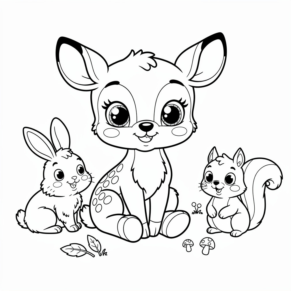Aranyos Bambi stílusú őzike rajz erdei barátokkal az őzikés kategória mesés hangulatú lapjain.