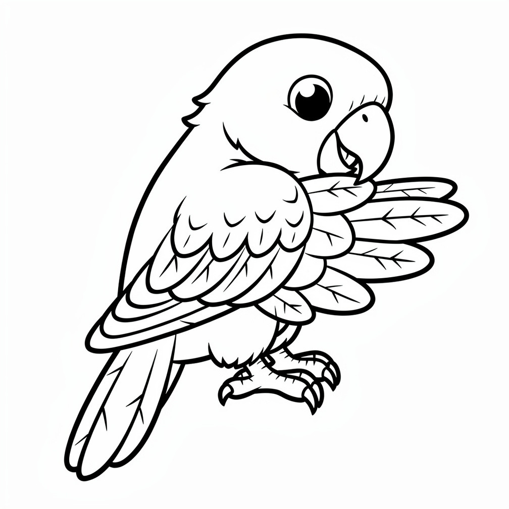Bájos tollászkodó papagáj színező madárrajongóknak a papagájos kategória elegáns jelenetei közül.