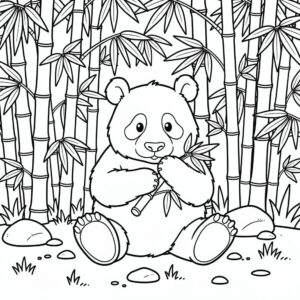Bambuszt evő panda kifestő állatbarát gyerekeknek, részletes dzsungel háttérrel a pandás kategória gyűjteményéből.