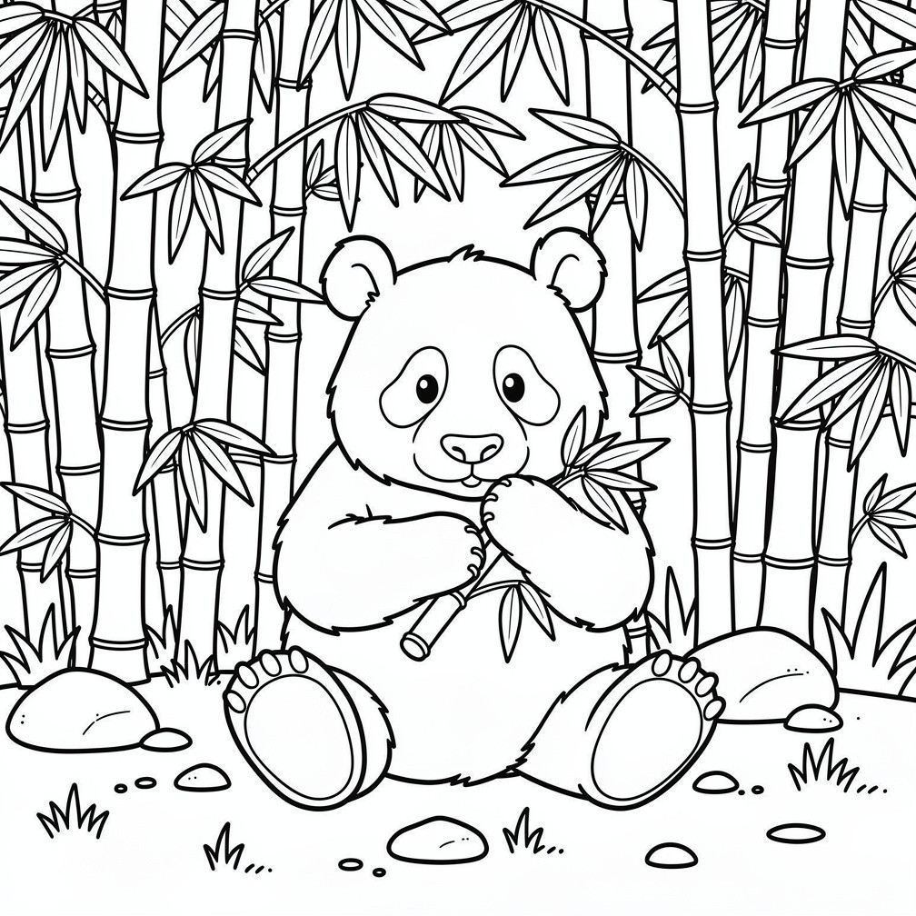 Bambuszt evő panda kifestő állatbarát gyerekeknek, részletes dzsungel háttérrel a pandás kategória gyűjteményéből.