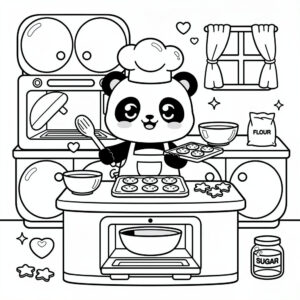 Kawaii panda kifestő nyomtatható formában, aranyos sütögetős jelenettel a pandás kategória oldalról.