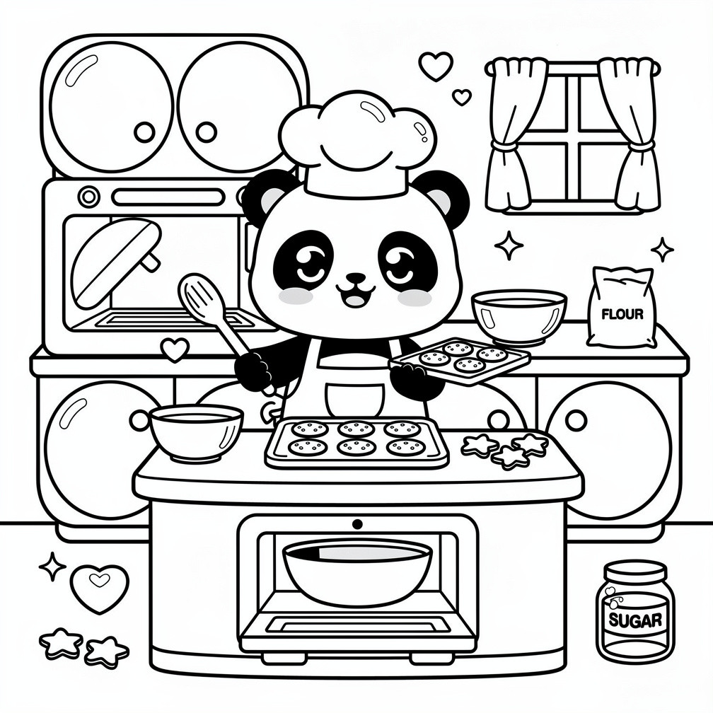 Kawaii panda kifestő nyomtatható formában, aranyos sütögetős jelenettel a pandás kategória oldalról.
