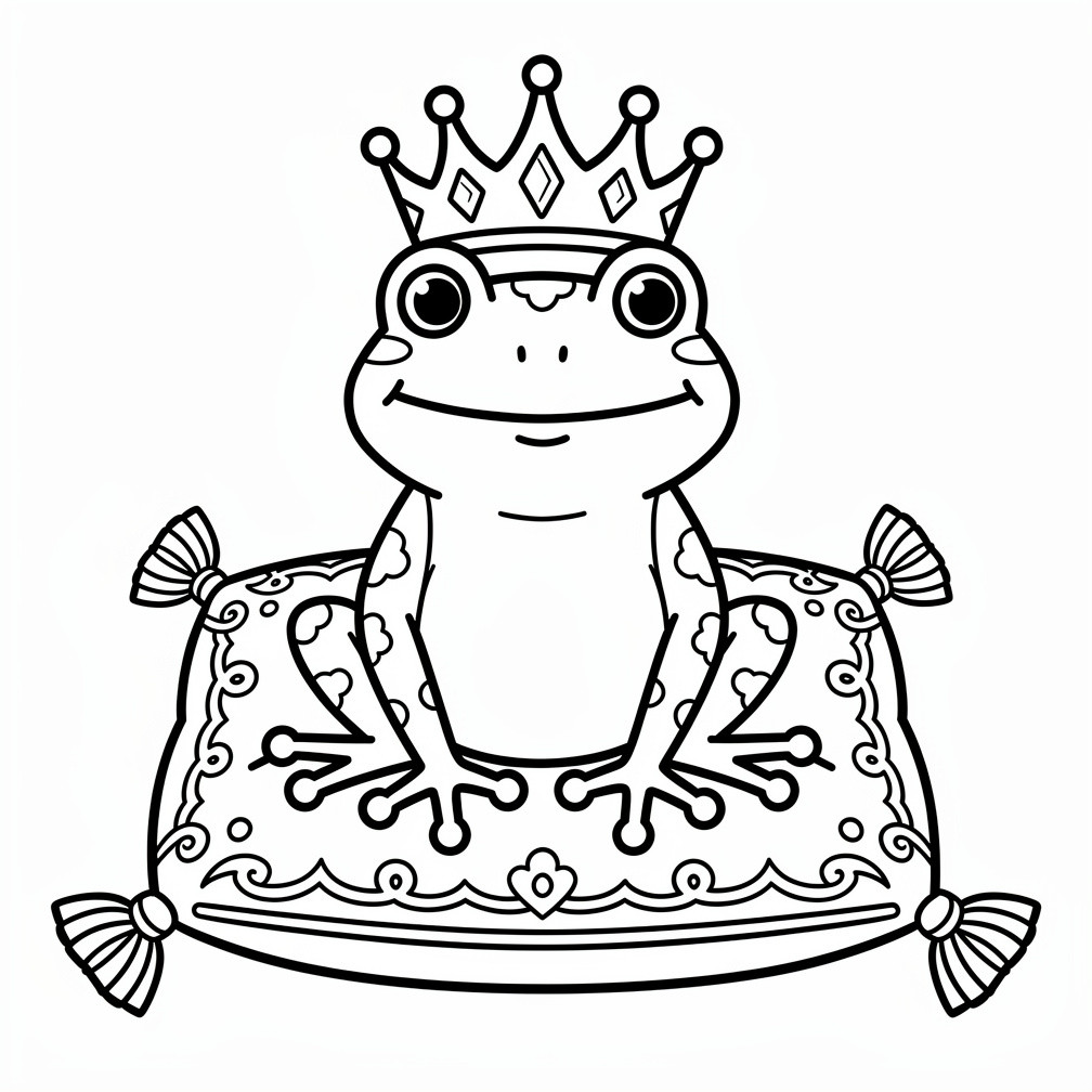 Látványos békakirályfi kifestőlap aranykoronával a fején a békás kategória mesebeli hangulatából.