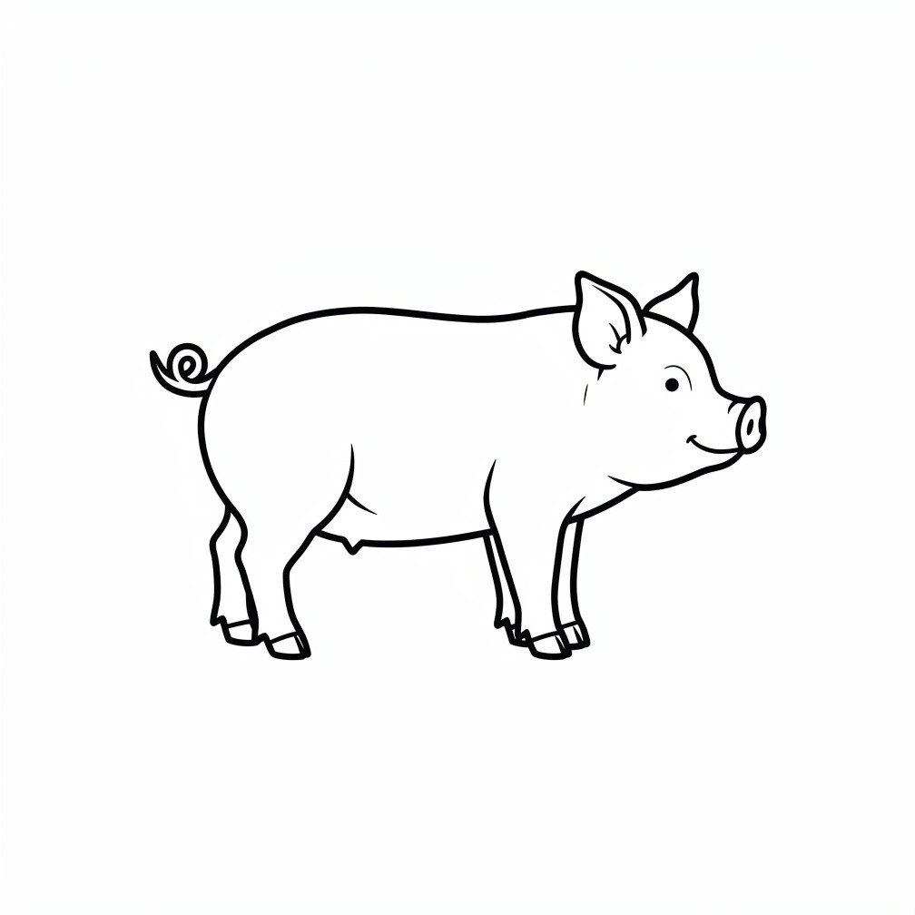 Nyomtatható göndör farkú malac vonalrajz letisztult stílusban a malacos kategória mókás lapjain.