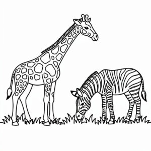 Nyomtatható zsiráf és zebra vonalrajz közös legelészéssel a zsiráfos kategória barátságos oldalán.
