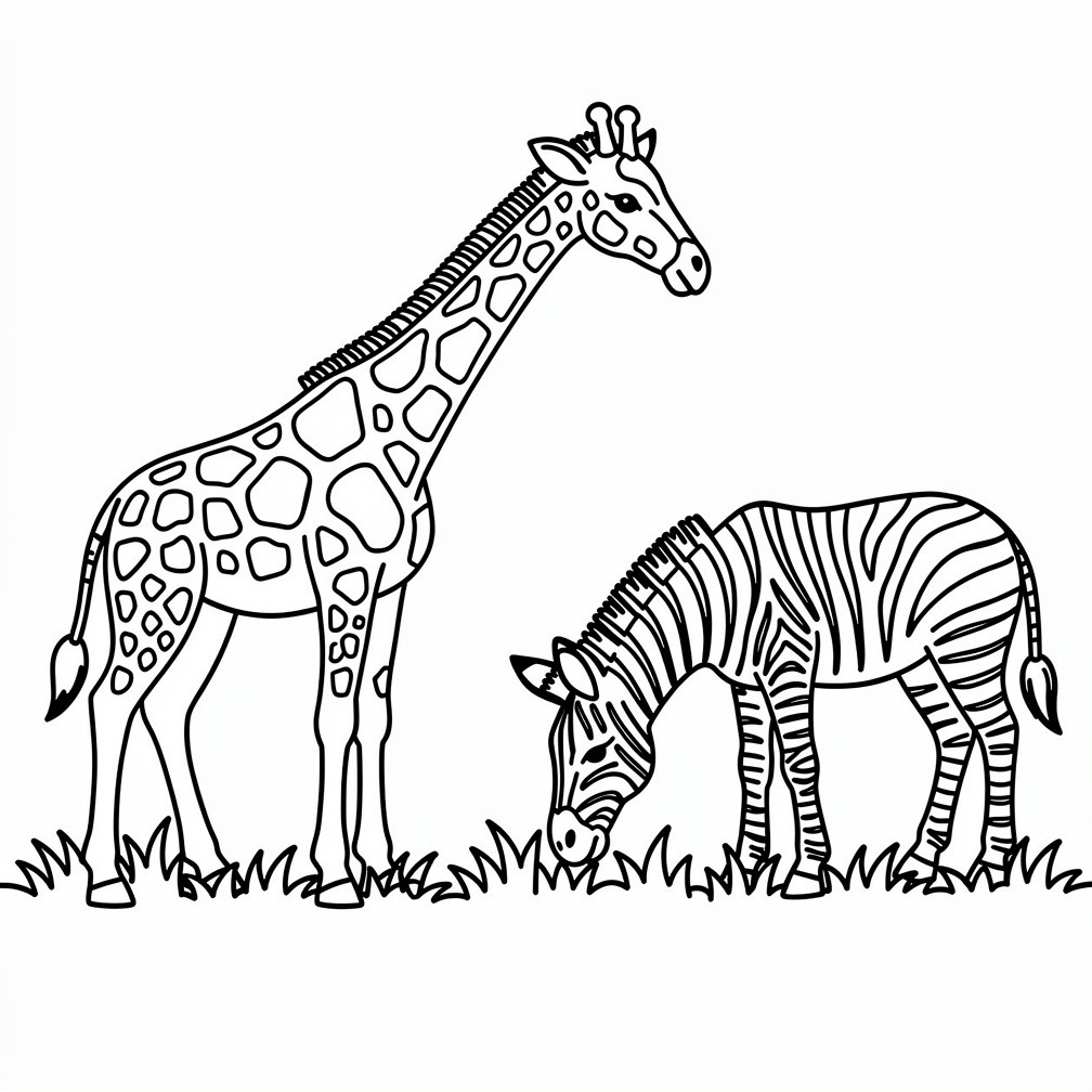 Nyomtatható zsiráf és zebra vonalrajz közös legelészéssel a zsiráfos kategória barátságos oldalán.