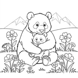 Panda anyuka és bocsa színező a természetben