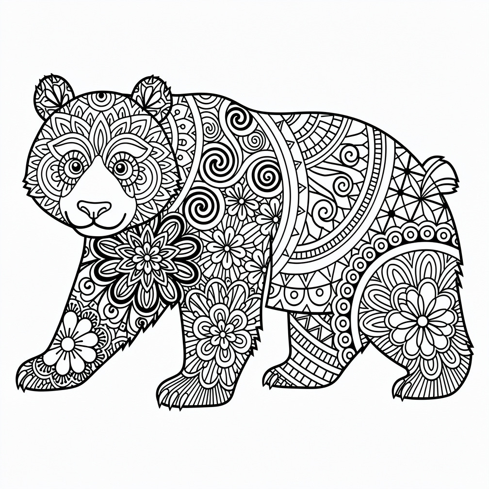Panda mandala színező részletes, nyugtató mintákkal felnőtteknek a pandás kategória relaxációs szekciójából.