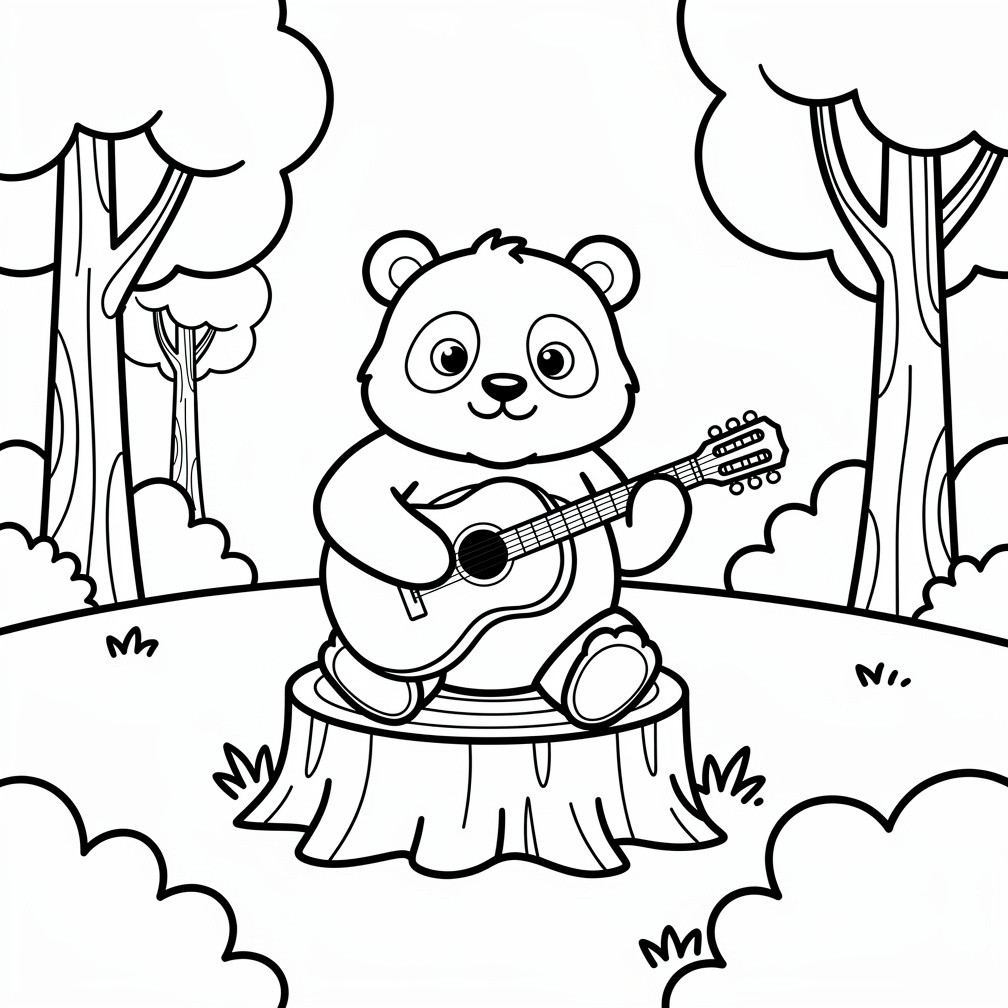 Rajzfilmes panda színezőlap könnyű vonalakkal, ahol egy vidám maci zenél a pandás kategória oldalán.