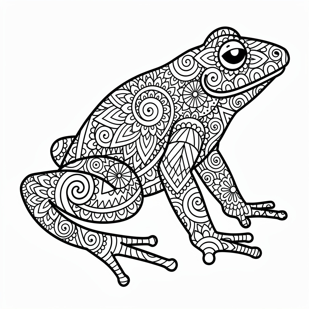 Részletes béka mandala színező kreatív felnőtteknek a békás kategória relaxációs kiadásából.