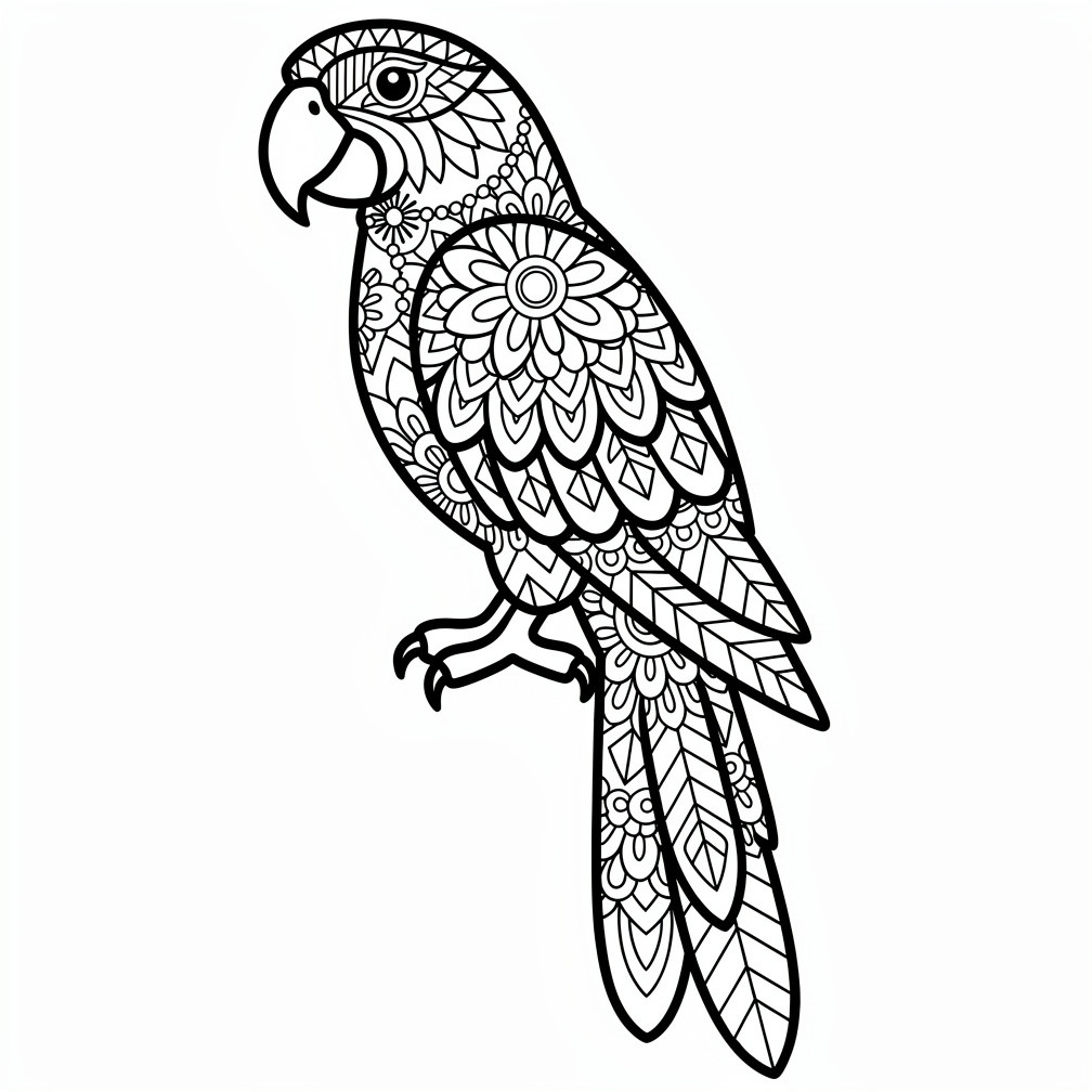 Részletes papagáj zentangle színezőlap kreatív felnőtteknek a papagájos kategória relaxációs kiadásából.
