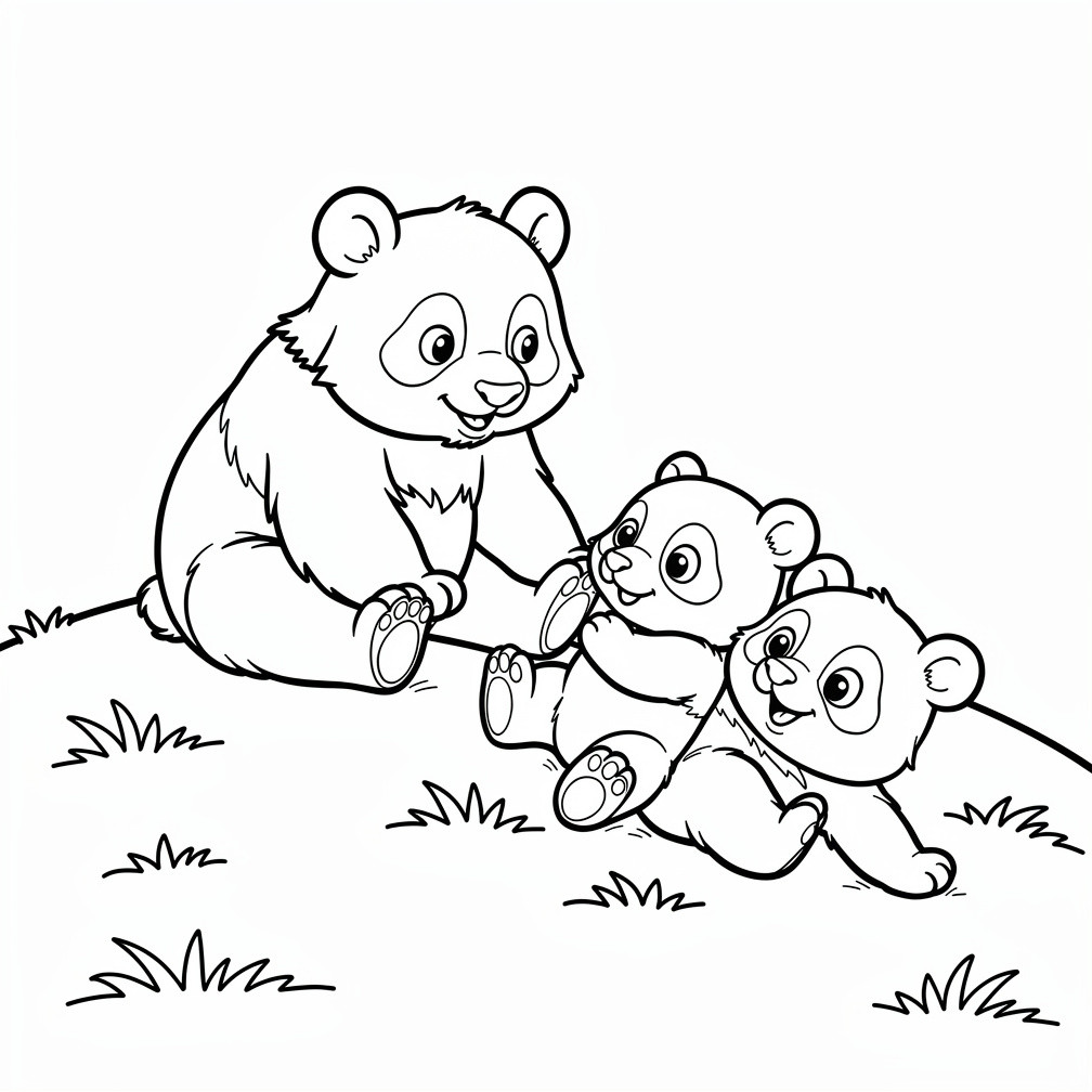 Vicces pandacsalád kifestő játékos bocsokkal, vidám jelenet az egész családnak a pandás kategória gyűjteményből.