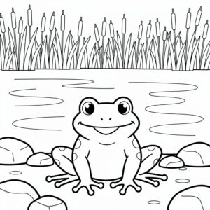 Vidám tóparti béka kifestőlap náddal a háttérben a békás kategória természetközeli lapjain.