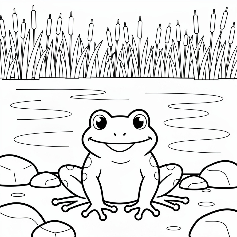 Vidám tóparti béka kifestőlap náddal a háttérben a békás kategória természetközeli lapjain.