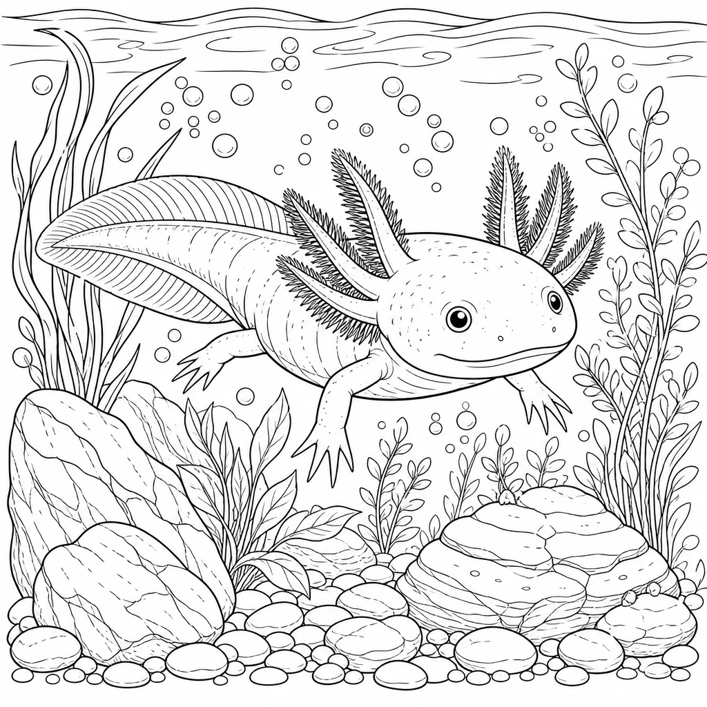 Részletgazdag axolotl úszik a kövek és hínárok között.